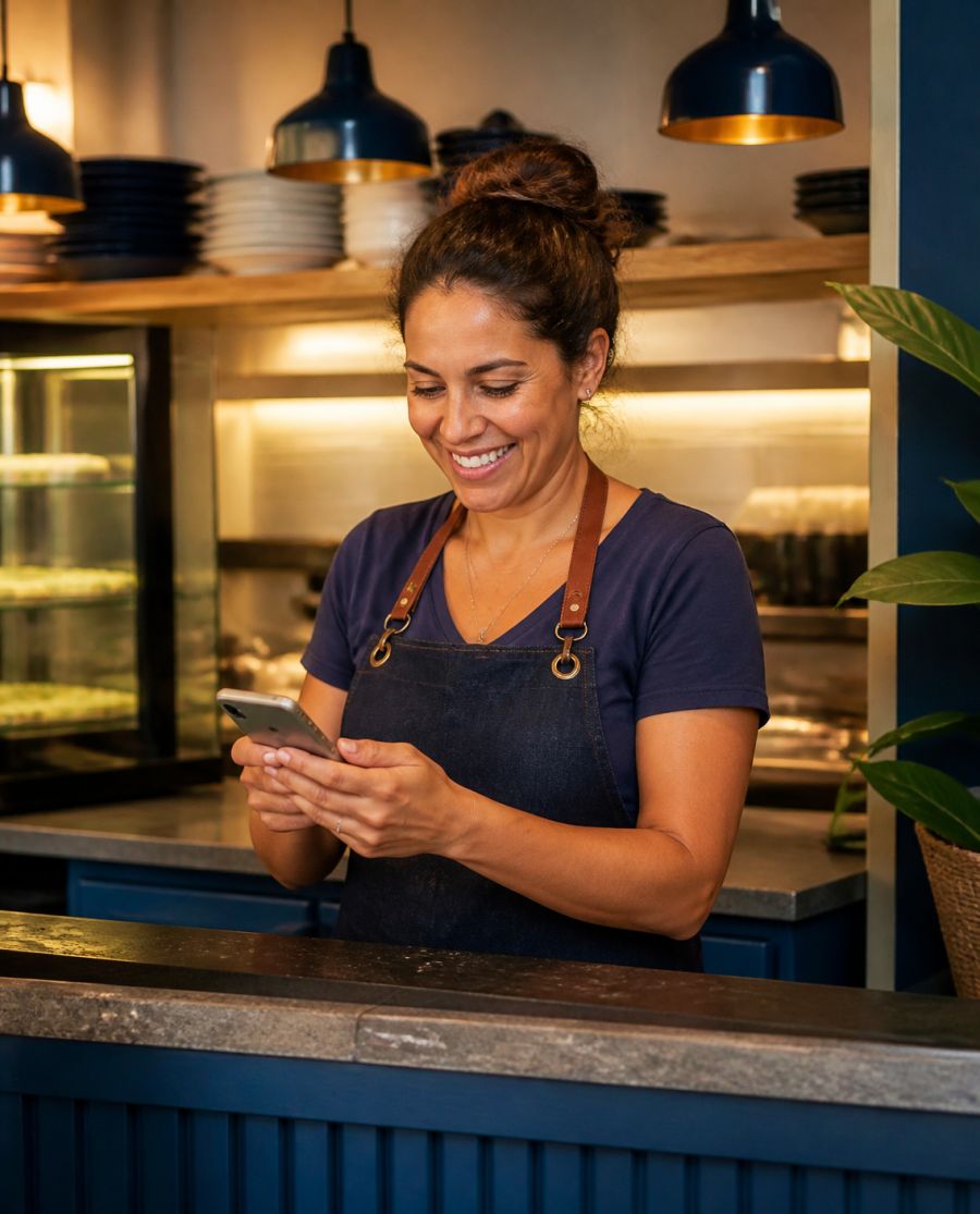 Dona de restaurante sorrindo enquanto recebe pedidos pelo celular no balcão