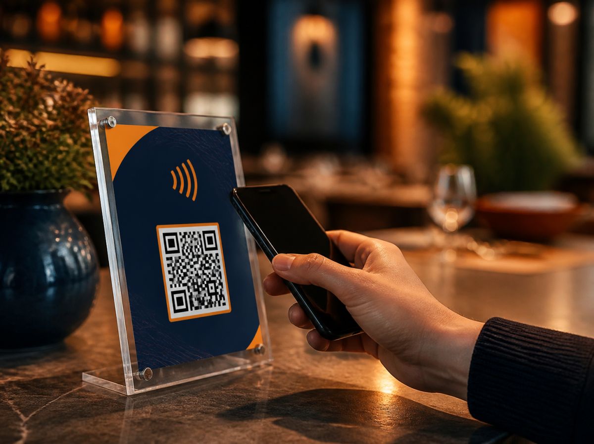 Cliente aproximando o celular de uma placa de acrílico com QR Code no balcão de um restaurante